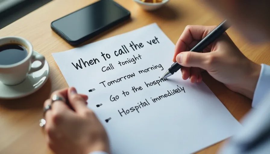Vet's handwritten note showing when to call the vet divided into three urgency levels