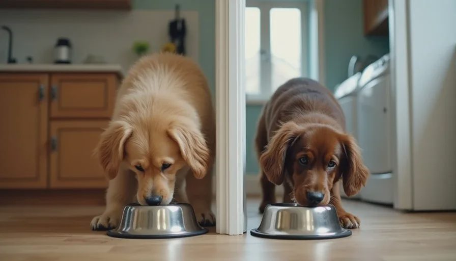 Two dogs fed in separate rooms demonstrating multi pet household tips for feeding management
