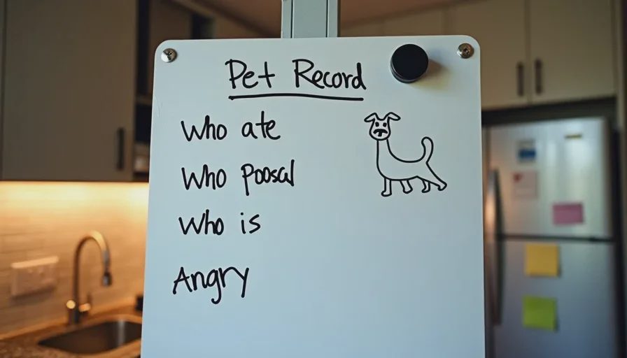 A kitchen whiteboard tracking daily pet status showing who ate, who pooped, and who is sulking in a multi-pet household