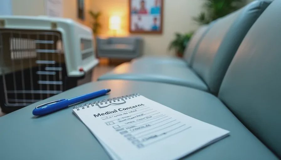A handwritten list of questions for the vet visit with a pen and pet carrier on a clinic waiting room chair