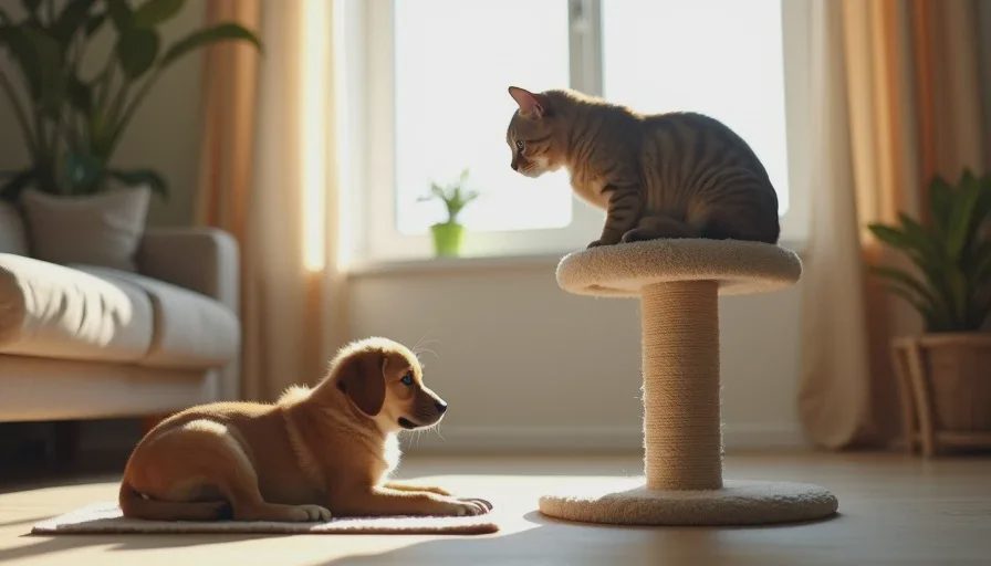 A cat on an elevated cat tree and a puppy resting on the floor below showing successful coexistence after introduction