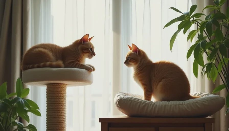 two cats each claiming their own space in a multi pet household