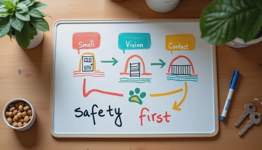 Whiteboard diagram of the three phase slow intro plan for introducing a second dog to your home