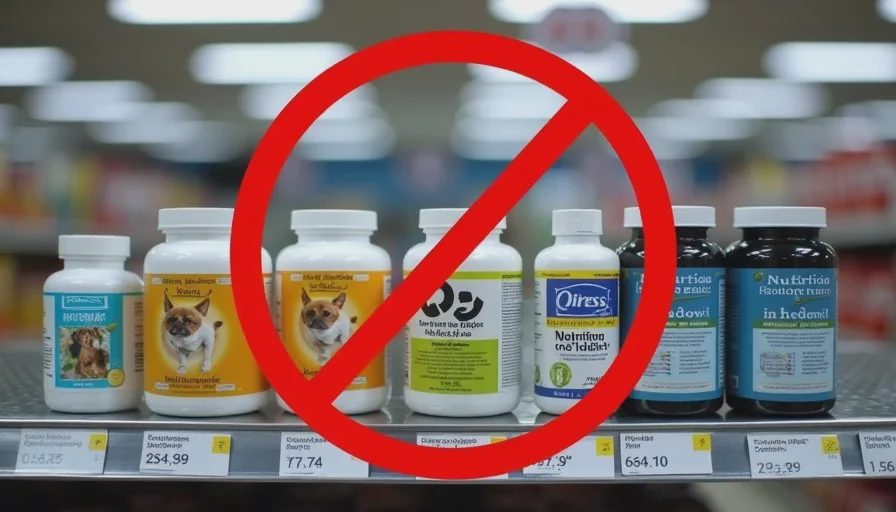 Rows of pet supplement bottles on a store shelf with a red prohibition symbol showing unnecessary spending