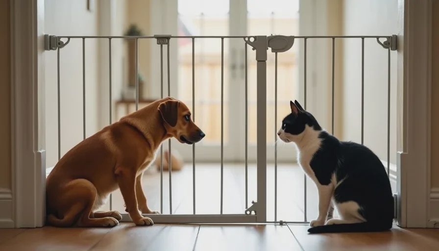 Dog and cat meeting safely through a baby gate during the sight without touch phase of pet introductions