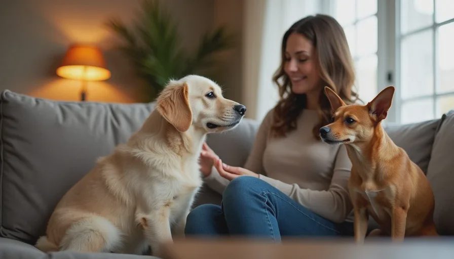 Owner giving attention to both dogs showing multi pet household tips for attention management