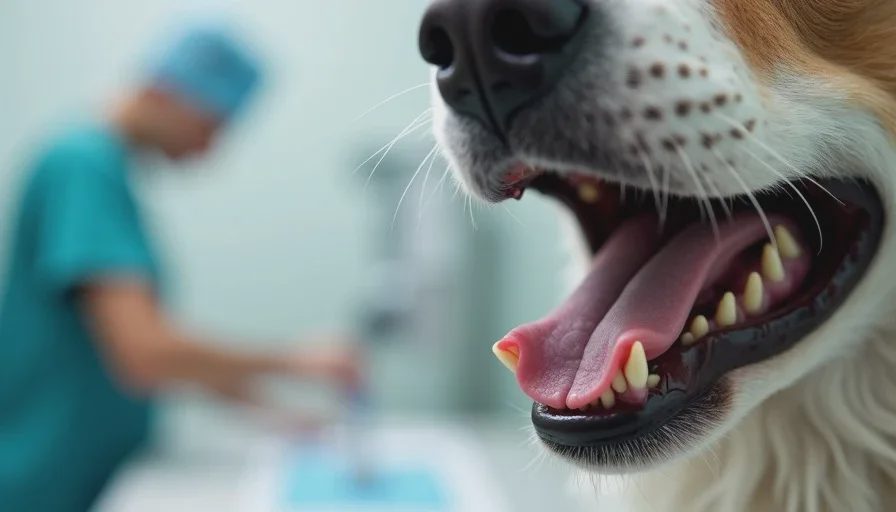 Close-up of healthy pink dog gums for assessing when to call the vet