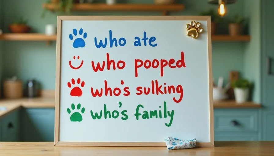 Family kitchen whiteboard tracking which pet ate, who pooped, and who's sulking