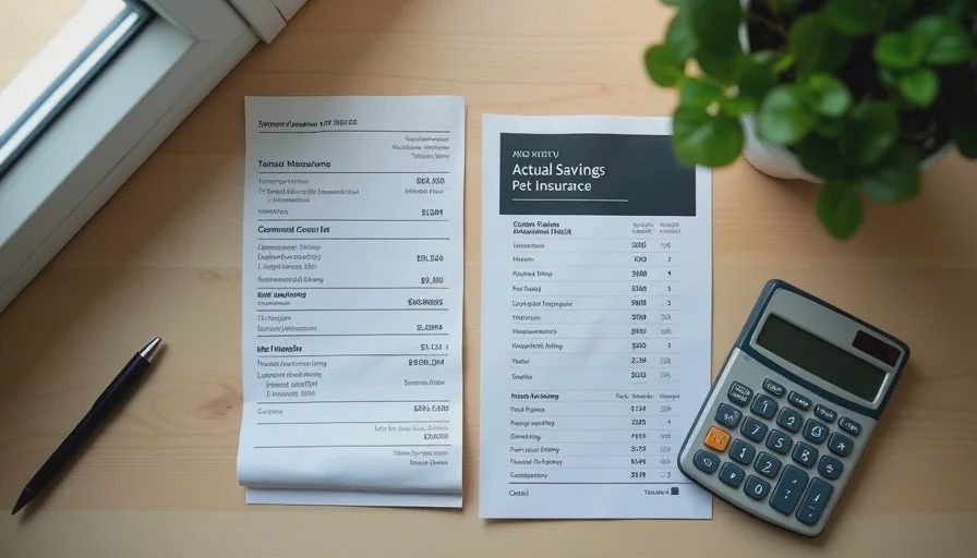 A veterinary bill and pet insurance claim form side by side with a calculator showing actual savings