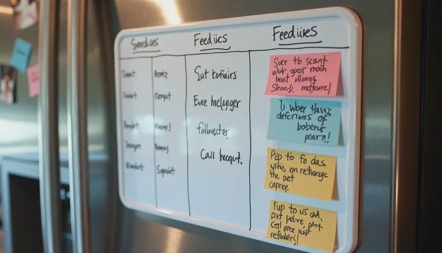Kitchen whiteboard tracking pet eating and pooping habits as multi pet household tips