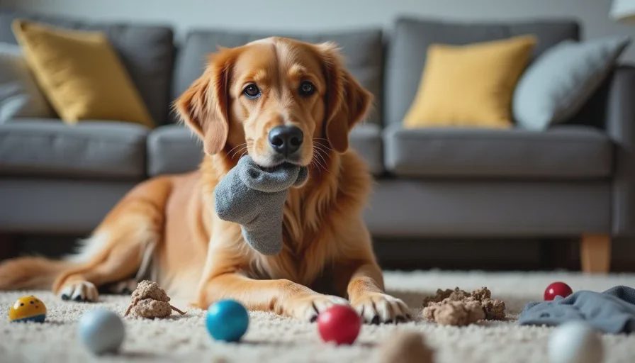 Dog chewing sock illustrating why emergency funds matter when calculating how much does a dog cost per year