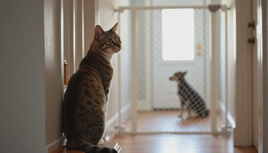 Cat observing new dog through baby gate as multi pet household tips for introductions