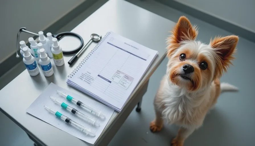 Puppy on vet exam table with vaccines during first vet visit what to expect