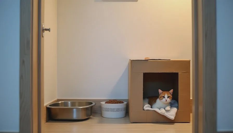 A guest room set up as a new cat isolation space with food bowls, litter box, and cardboard hiding box for safe multi-pet introductions