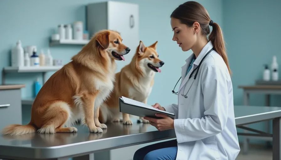 A veterinarian examining two dogs in a clinic showing the cost of multi-pet veterinary care