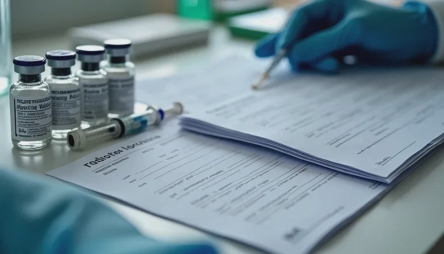 Vaccine vials, syringes, and medical record forms arranged on a veterinary desk for a first puppy vaccination visit