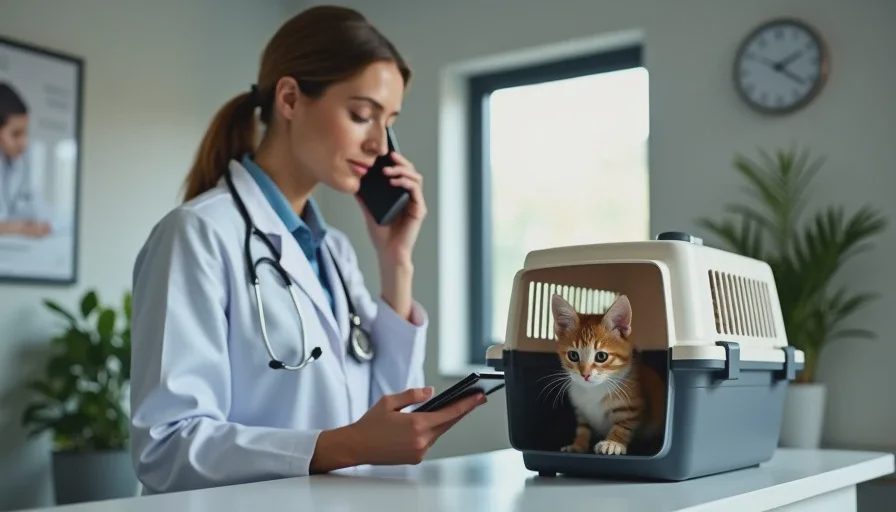 Veterinarian on the phone giving first days home advice while a curious kitten peeks from a carrier