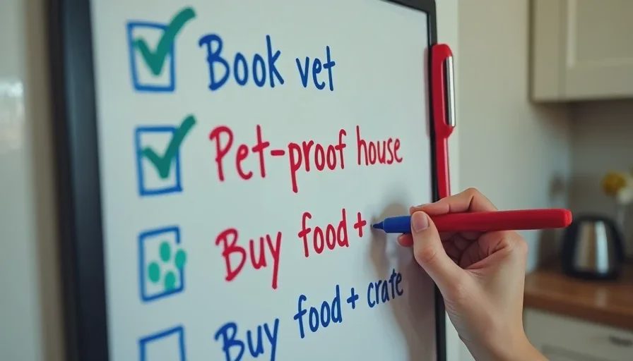 Kitchen whiteboard with a new pet prep checklist showing vet booking, pet-proofing, and supplies