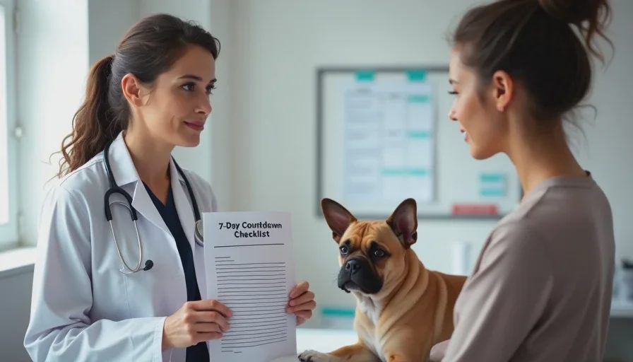 Veterinarian reviewing the seven-day first pet checklist with a new puppy owner