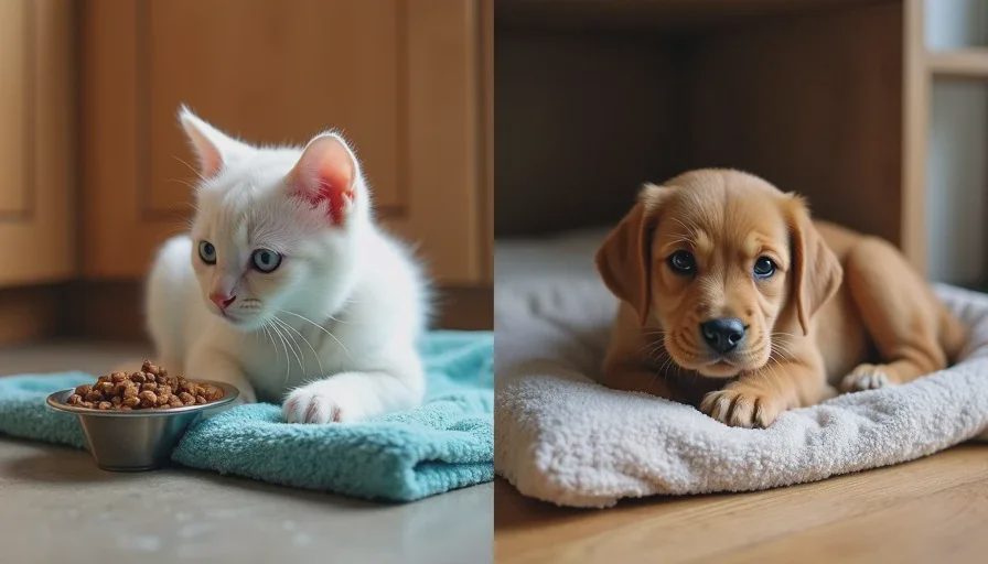 Two towels placed near a cat food bowl and a puppy crate demonstrating the scent swap introduction method