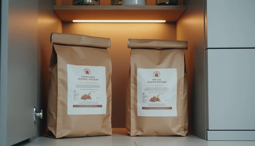 Two large bags of bulk dog food stored in a home pantry showing cost savings for multi-pet households