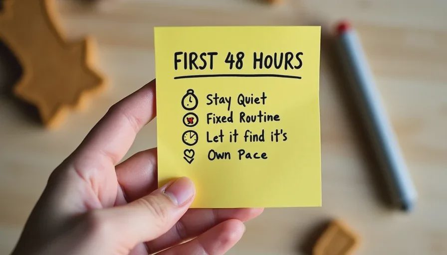 Handwritten first 48 hours checklist for bringing home a new pet with quiet, routine, and pacing tips