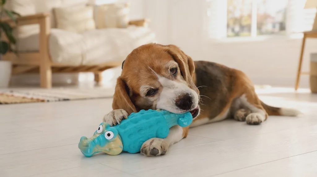 dog using durable dog chew toys in a family living room