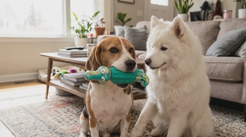 multi-pet household dogs sharing dog chew toys