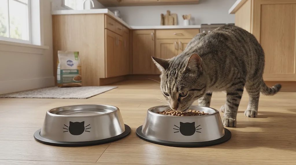 Cat using stainless steel cat bowls in an indoor feeding area