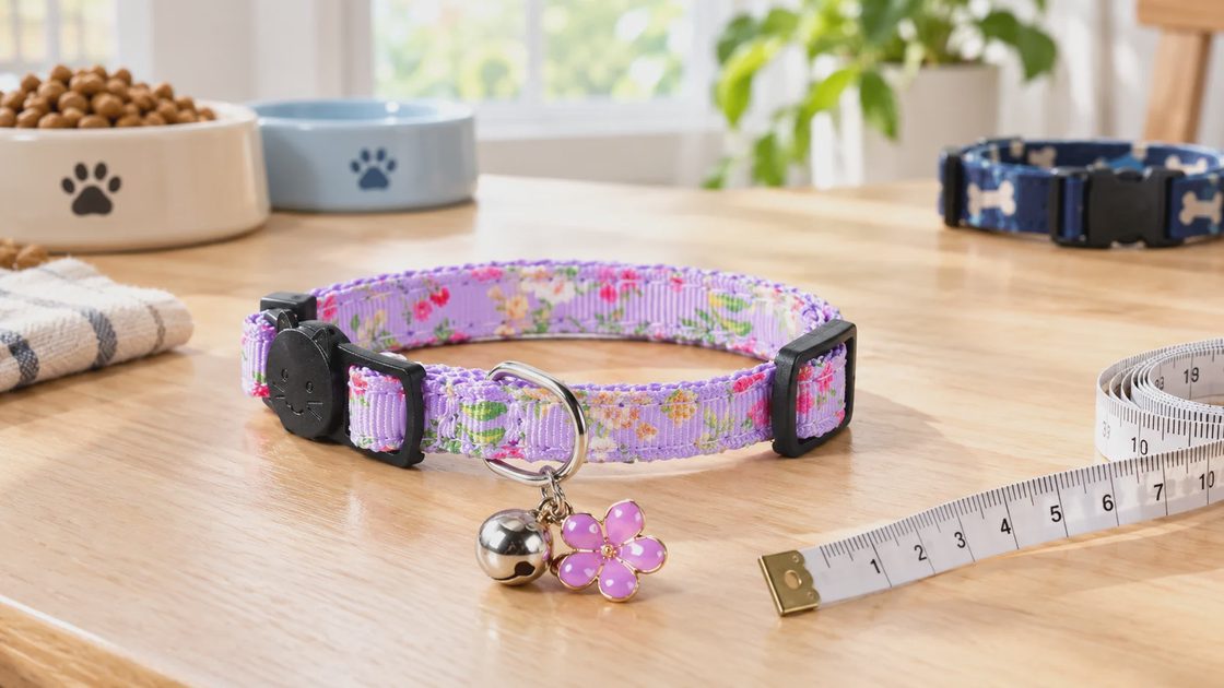 Adjustable breakaway cat collars with bells and flower charms on a home table