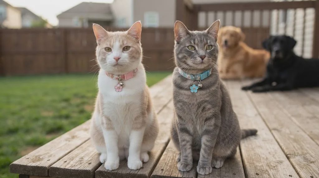 Two cats wearing breakaway cat collars with bells in a multi-pet backyard