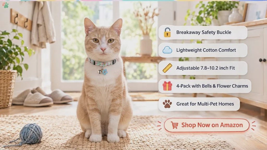 Cat wearing a cute cat collar with bells near the door in a multi-pet home