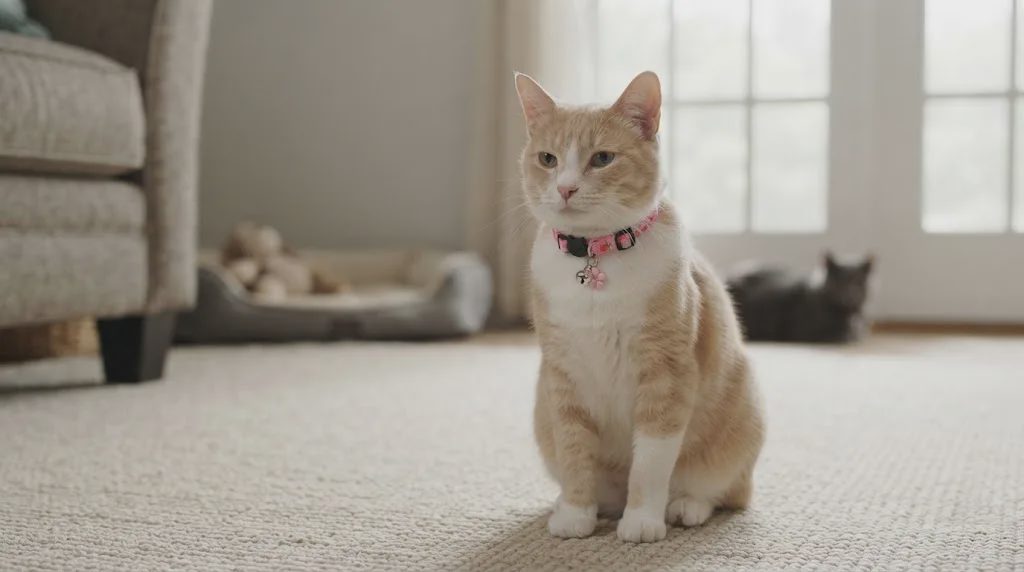 Cat wearing a breakaway cat collar with flower charm in a multi-pet home