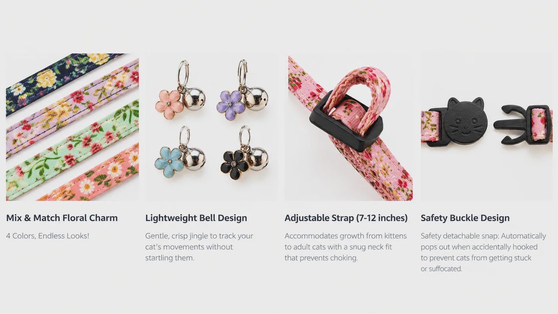 Floral cat collar with bell and safety buckle