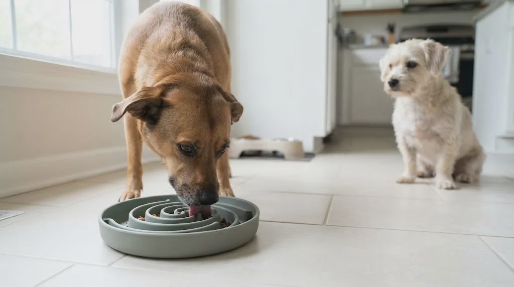 dog using dog slow feeder bowl in multi-pet kitchen