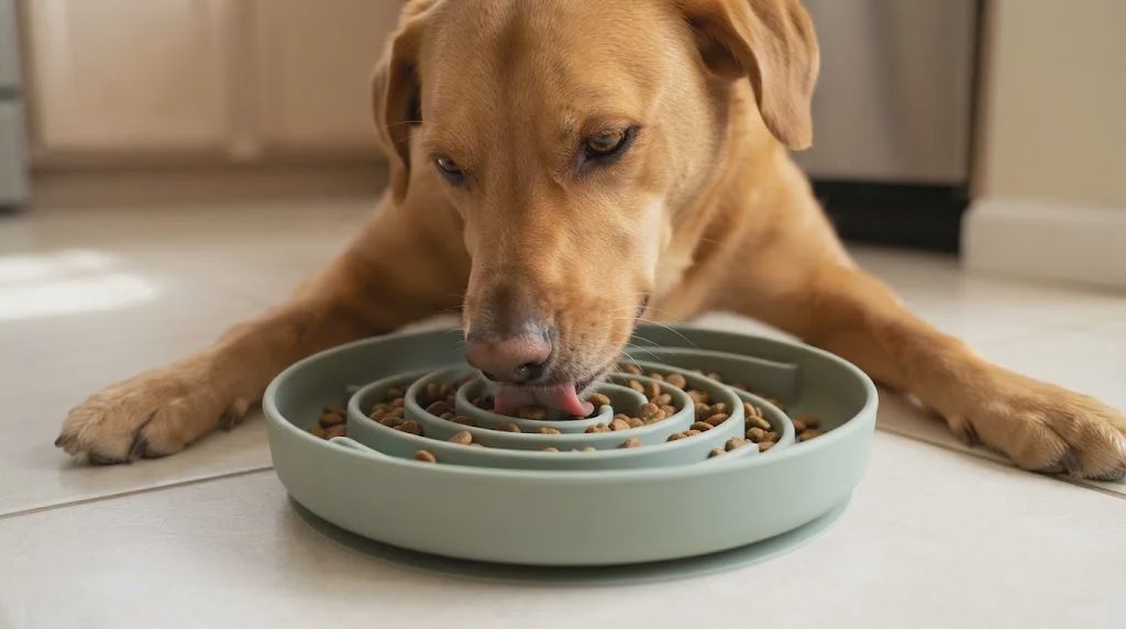 dog using silicone dog bowl puzzle feeder